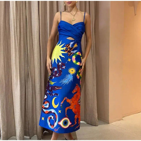 Summer Sexy Painted Sleeveless High Waist Strap Slip Robe Dress CODE: KAR2295
