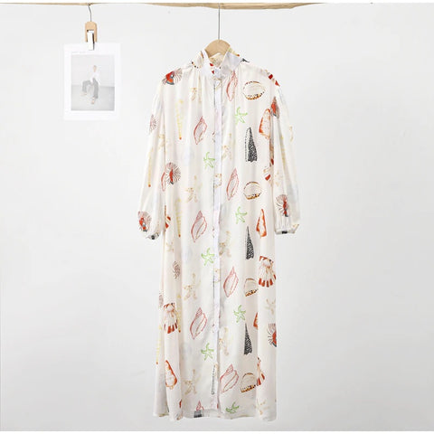 New Shell Printed Belts Long Lantern  Sleeve Single Breasted Stand Collar Dress CODE: KAR2297