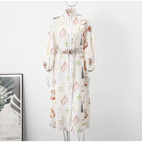 New Shell Printed Belts Long Lantern  Sleeve Single Breasted Stand Collar Dress CODE: KAR2297