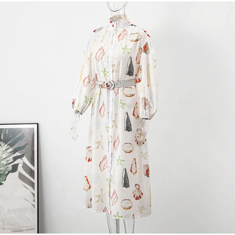 New Shell Printed Belts Long Lantern  Sleeve Single Breasted Stand Collar Dress CODE: KAR2297