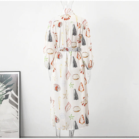 New Shell Printed Belts Long Lantern  Sleeve Single Breasted Stand Collar Dress CODE: KAR2297