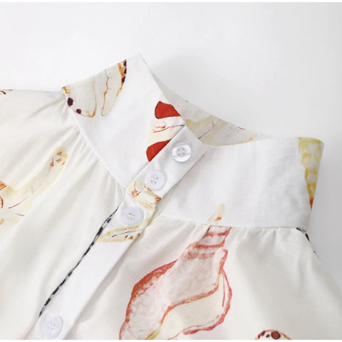 New Shell Printed Belts Long Lantern  Sleeve Single Breasted Stand Collar Dress CODE: KAR2297