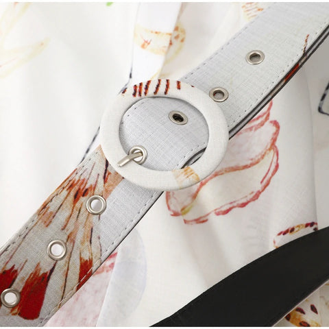 New Shell Printed Belts Long Lantern  Sleeve Single Breasted Stand Collar Dress CODE: KAR2297