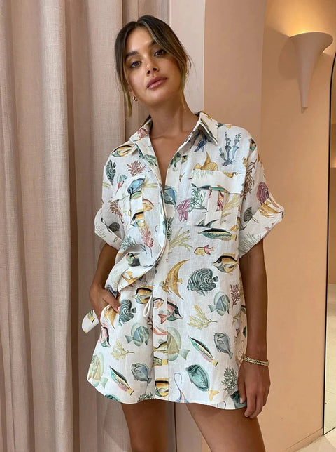 Summer Print Short Sleeve Shirt  And Waist Loose High Mini Short Two Piece Set CODE: KAR2300
