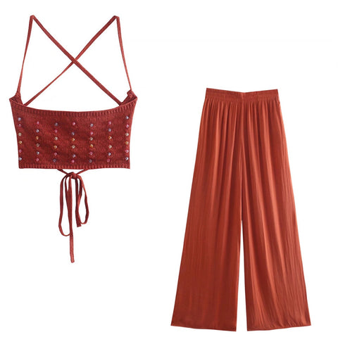 New Sexy Strapless Diamond Beading Backless Crop Top + Wide leg Hight-waist loose trouser 2 Piece Set CODE: KAR2302