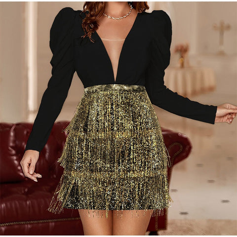New Elegant Sexy Fringes Fashion Deep v Neck Long Sleeve Shiny Sequins Dress CODE: KAR2303
