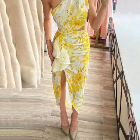 New Fashion One Shoulder Floral Printed Nipped Waist Pleated Maxi Party Dress CODE: KAR2305
