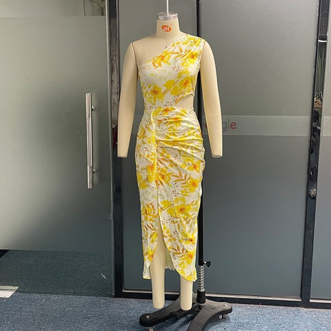 New Fashion One Shoulder Floral Printed Nipped Waist Pleated Maxi Party Dress CODE: KAR2305
