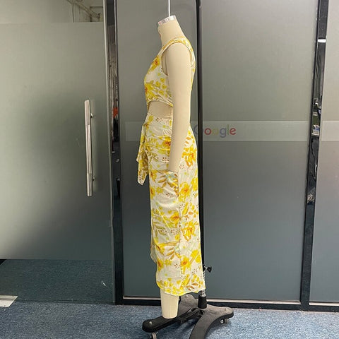 New Fashion One Shoulder Floral Printed Nipped Waist Pleated Maxi Party Dress CODE: KAR2305