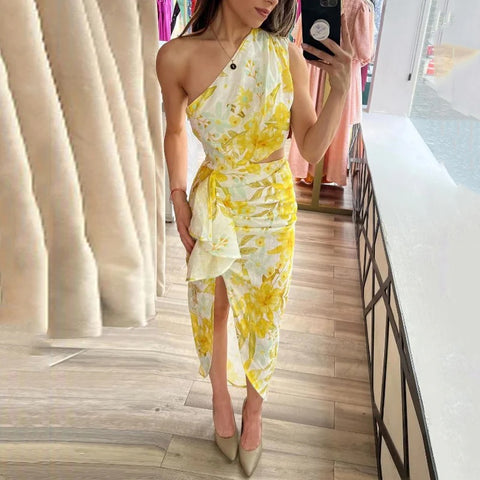 New Fashion One Shoulder Floral Printed Nipped Waist Pleated Maxi Party Dress CODE: KAR2305