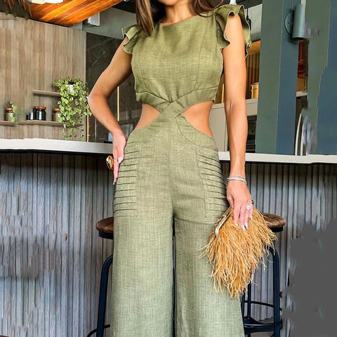 New Fashion Round Neck Short Sleeve Open Waist Wide Leg Jumpsuit CODE: KAR2306