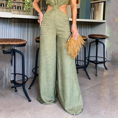 New Fashion Round Neck Short Sleeve Open Waist Wide Leg Jumpsuit CODE: KAR2306