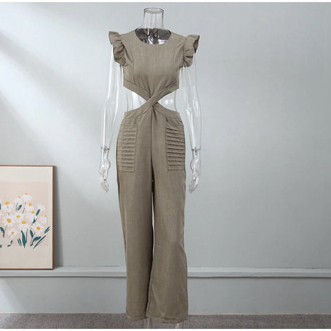 New Fashion Round Neck Short Sleeve Open Waist Wide Leg Jumpsuit CODE: KAR2306