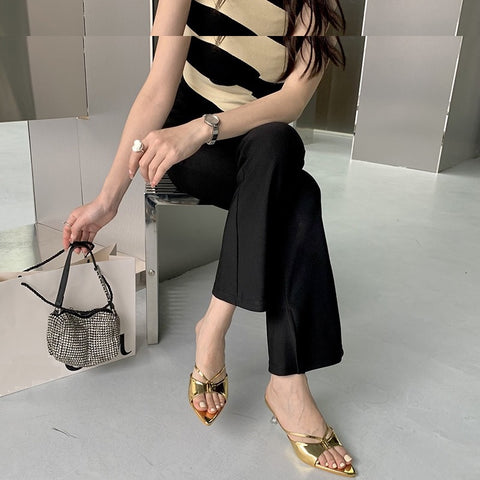 Summer Pointed Open Toe Low Heel Gold Cross Strap Sexy Sandle CODE: KAR2315