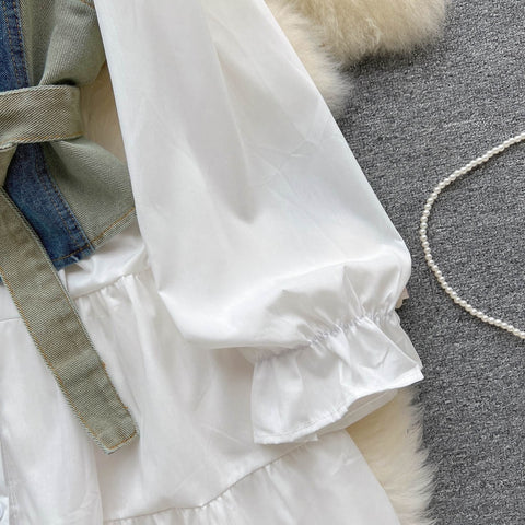New Tie Puff Sleeve Ruffle Turn-down Collar Blouse + Sashes Slim Demin Vest CODE: KAR2317