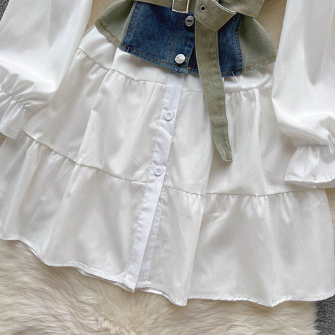 New Tie Puff Sleeve Ruffle Turn-down Collar Blouse + Sashes Slim Demin Vest CODE: KAR2317