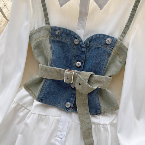 New Tie Puff Sleeve Ruffle Turn-down Collar Blouse + Sashes Slim Demin Vest CODE: KAR2317