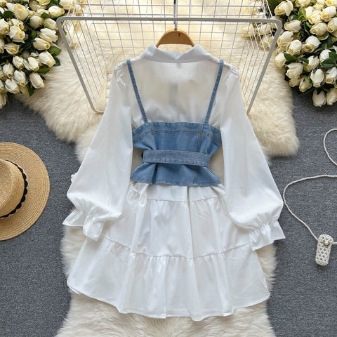 New Tie Puff Sleeve Ruffle Turn-down Collar Blouse + Sashes Slim Demin Vest CODE: KAR2317