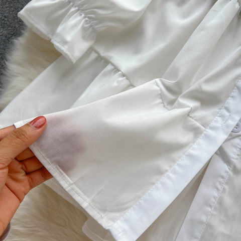 New Tie Puff Sleeve Ruffle Turn-down Collar Blouse + Sashes Slim Demin Vest CODE: KAR2317