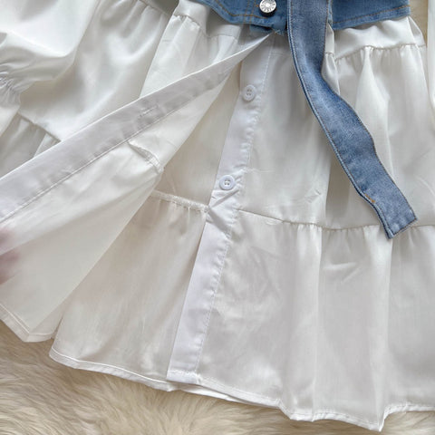 New Tie Puff Sleeve Ruffle Turn-down Collar Blouse + Sashes Slim Demin Vest CODE: KAR2317