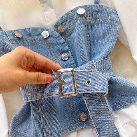 New Tie Puff Sleeve Ruffle Turn-down Collar Blouse + Sashes Slim Demin Vest CODE: KAR2317