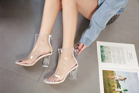 Sexy Transparent Square Toe  Zipper Fashion High Thick Heel Ankle Boot CODE: KAR2318