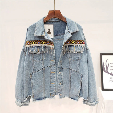 New Embroidery Tassel Frayed Long Sleeve Casual Blue Denim Loose Jacket CODE: KAR2320