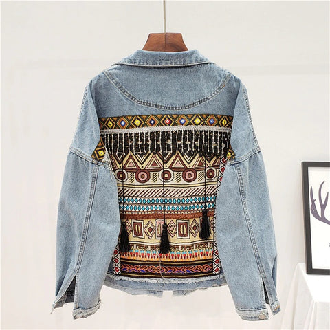 New Embroidery Tassel Frayed Long Sleeve Casual Blue Denim Loose Jacket CODE: KAR2320