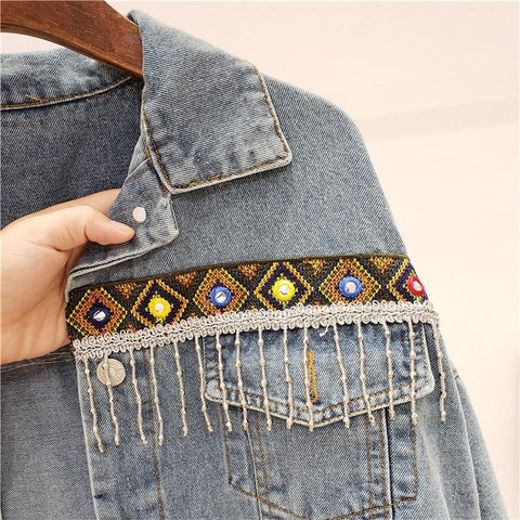 New Embroidery Tassel Frayed Long Sleeve Casual Blue Denim Loose Jacket CODE: KAR2320