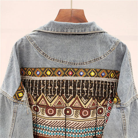 New Embroidery Tassel Frayed Long Sleeve Casual Blue Denim Loose Jacket CODE: KAR2320