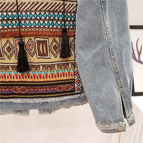 New Embroidery Tassel Frayed Long Sleeve Casual Blue Denim Loose Jacket CODE: KAR2320