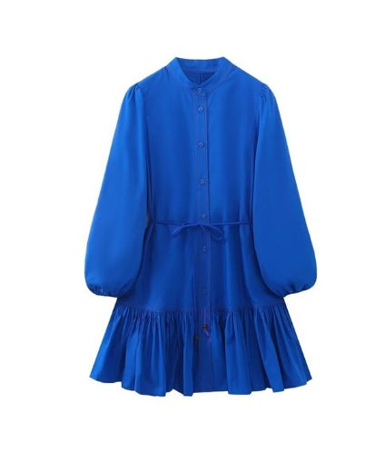 New Lace-up Pleated Lapel Single Breasted Long Sleeve Dress CODE: KAR2322