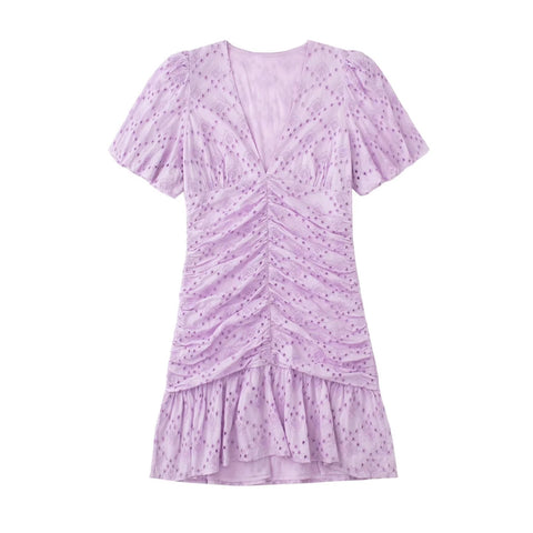 Summer V Neck Ruched Lace Embroidery Ruffle Puff Sleeve Trimmed Mini Bodycon Dress CODE: KAR2326