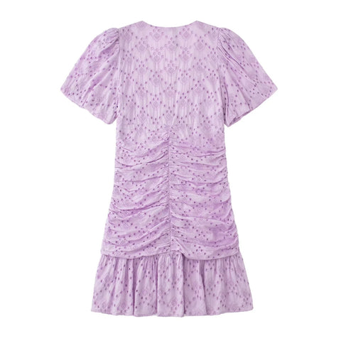 Summer V Neck Ruched Lace Embroidery Ruffle Puff Sleeve Trimmed Mini Bodycon Dress CODE: KAR2326