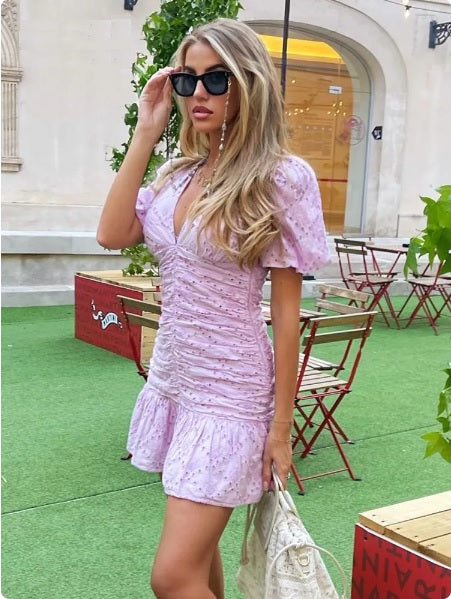 Summer V Neck Ruched Lace Embroidery Ruffle Puff Sleeve Trimmed Mini Bodycon Dress CODE: KAR2326