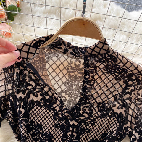 Summer Sexy Ins Bottoming Long Sleeve Mesh Slim Fit Lace Embroidered Design Top CODE: KAR2341