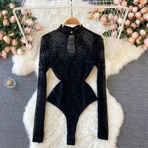 Summer Sexy Ins Bottoming Long Sleeve Mesh Slim Fit Lace Embroidered Design Top CODE: KAR2341