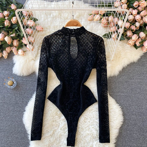 Summer Sexy Ins Bottoming Long Sleeve Mesh Slim Fit Lace Embroidered Design Top CODE: KAR2341