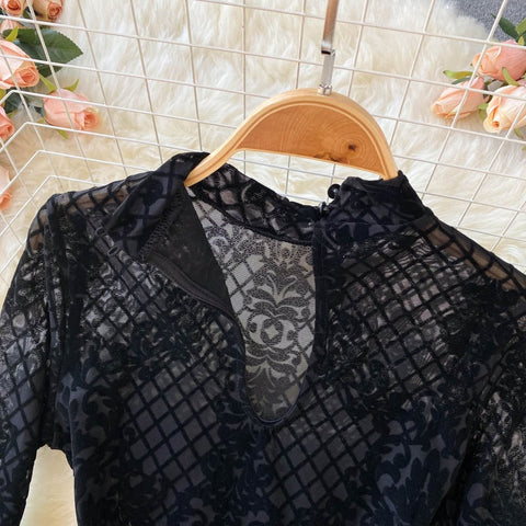 Summer Sexy Ins Bottoming Long Sleeve Mesh Slim Fit Lace Embroidered Design Top CODE: KAR2341