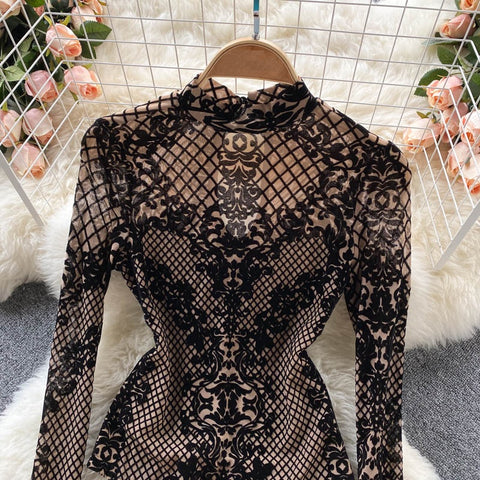 Summer Sexy Ins Bottoming Long Sleeve Mesh Slim Fit Lace Embroidered Design Top CODE: KAR2341