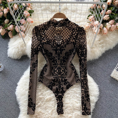 Summer Sexy Ins Bottoming Long Sleeve Mesh Slim Fit Lace Embroidered Design Top CODE: KAR2341