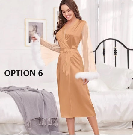 Summer Lace Sleeve Robe Feather Patchwork Bathrobe Kimono Long Loose Dress CODE: KAR2347