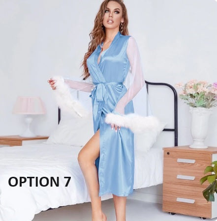 Summer Lace Sleeve Robe Feather Patchwork Bathrobe Kimono Long Loose Dress CODE: KAR2347