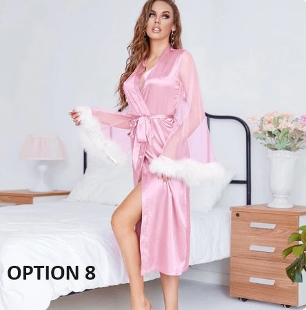 Summer Lace Sleeve Robe Feather Patchwork Bathrobe Kimono Long Loose Dress CODE: KAR2347