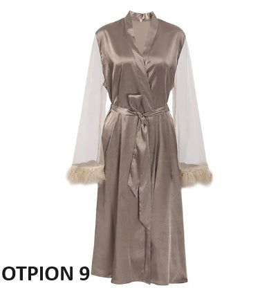 Summer Lace Sleeve Robe Feather Patchwork Bathrobe Kimono Long Loose Dress CODE: KAR2347
