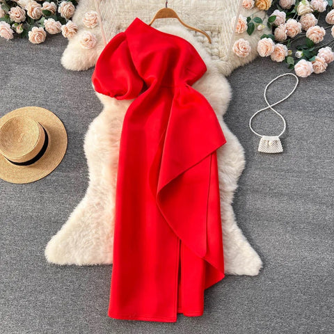 Summer Oblique Shoulder Irregular Ruffle Wrapped Hip Dress CODE: KAR2360