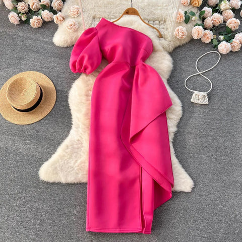 Summer Oblique Shoulder Irregular Ruffle Wrapped Hip Dress CODE: KAR2360