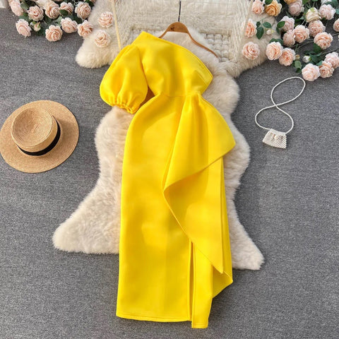 Summer Oblique Shoulder Irregular Ruffle Wrapped Hip Dress CODE: KAR2360