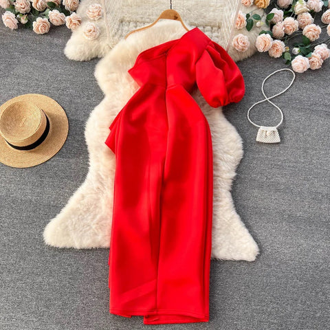 Summer Oblique Shoulder Irregular Ruffle Wrapped Hip Dress CODE: KAR2360