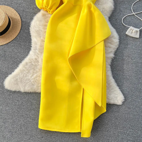 Summer Oblique Shoulder Irregular Ruffle Wrapped Hip Dress CODE: KAR2360